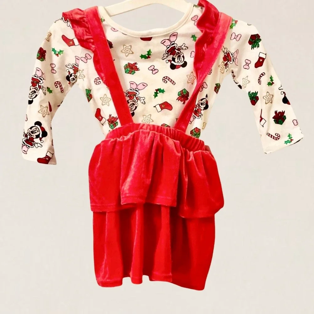 Disney Baby Minnie Mouse Christmas Red Velvet Suspender Skirt Bodysuit Set 12M